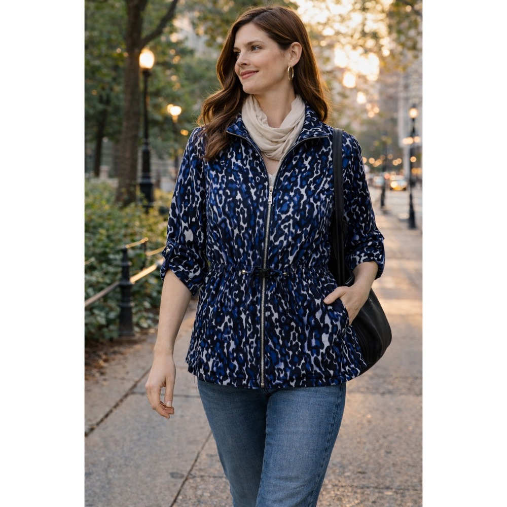 Ruby Rd Blue Abstract Zip Jacket Women's 6 | Drawstring Waist Roll-Tab Sleeves
